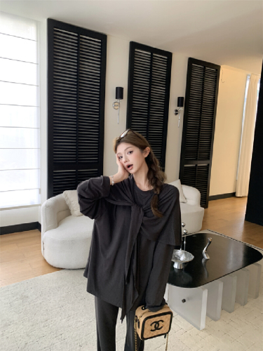 Live Shot! Cardigan False Two-Piece Casual T-Shirt Women Loose Sensation Relaxed Casual Pants Knit Set Two-Piece