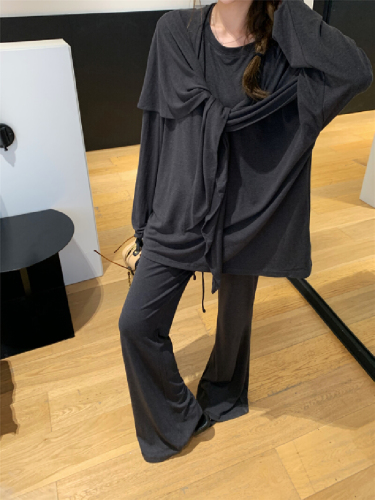 Live Shot! Cardigan False Two-Piece Casual T-Shirt Women Loose Sensation Relaxed Casual Pants Knit Set Two-Piece