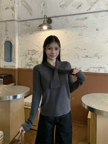 Photographed in real winter elegant ribbon design women's scarf collar solid color knit top gentle base shirt