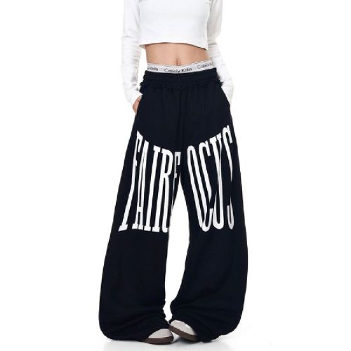 Original quality letter print drawstring straight-leg pants for men and women, trendy brand loose casual wide-leg pants