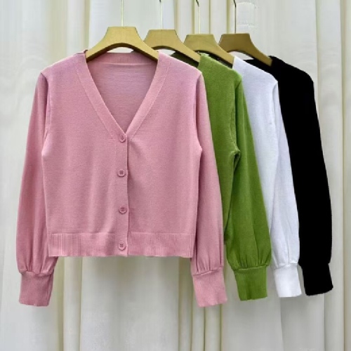 Women's Open Knit Sweater, Spring and Autumn/Winter Cardigan, Outerwear, Loose Fit, Lantern Sleeve, Short Length Knit Top