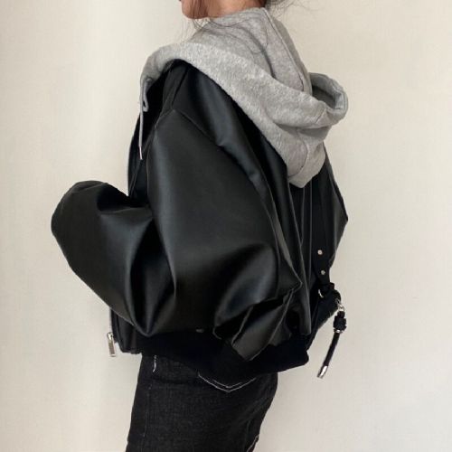Korean chic autumn/winter niche retro zipper double pocket casual loose matchy-matchy faux two-piece hooded leather jacket coat
