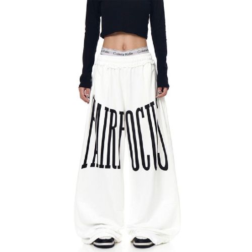 Original quality letter print drawstring straight-leg pants for men and women, trendy brand loose casual wide-leg pants