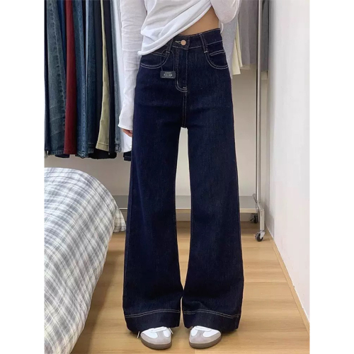 2025 New Autumn/Winter High-Waist Petite Flared Pants with Fleece and Thickening Denim Deep Blue Wide-Leg Women's Jeans