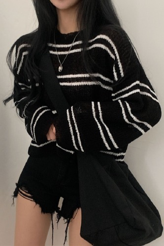 Korean Spring and Autumn Loose Ice Silk Long-Sleeve Knit Top Thin Striped Sun Protection Cover-up Sweatshirt T-Shirt Top for Women