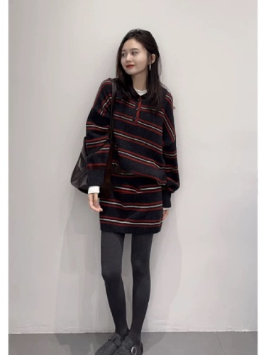 Stunning Deep Autumn Korean Style Outfit: A Complete Set Including Scandalous Fragrance Stripe Sweater and Skirt Two-Piece Set