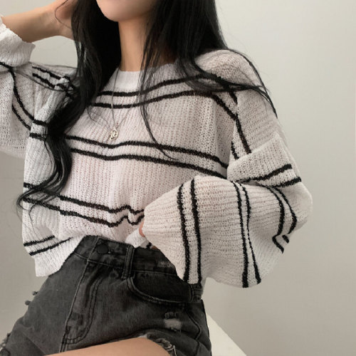 Korean Spring and Autumn Loose Ice Silk Long-Sleeve Knit Top Thin Striped Sun Protection Cover-up Sweatshirt T-Shirt Top for Women