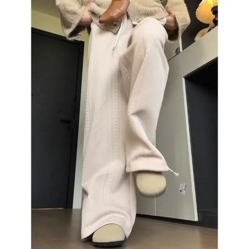 Khaki Fleece-Quilted Chenille Knit Wide-Leg Pants for Women | 2025 Autumn/Winter New Arrival High-Waisted, Drapey Casual Trousers Perfect for Petite Frames