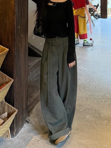 Women's High-Waisted Loose Straight Leg Denim Pants, Retro American Style, Gray, Over-the-Knee, Flattering and Versatile, Floor-Length