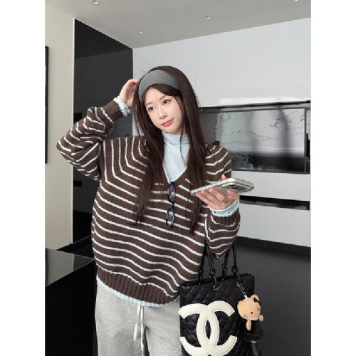 Photographed Autumn/Winter Korean Version Retro Striped Color Block Shoulder V-Neck Loose Hoodless Knit Sweater Women's Top