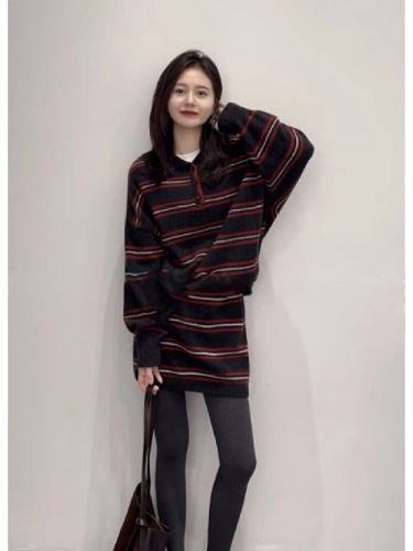 Stunning Deep Autumn Korean Style Outfit: A Complete Set Including Scandalous Fragrance Stripe Sweater and Skirt Two-Piece Set