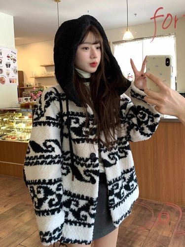 Korean-style relaxed vintage contrast-color hooded sweater coat—autumn/winter chic, stylish, and absolutely stunning hoodie cardigan YJ