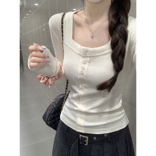 Real-shot Autumn/Winter Korean-style Alluring Slim-Fit Square-Neck Fishbone Pattern Cashmere Base T-Shirt Top