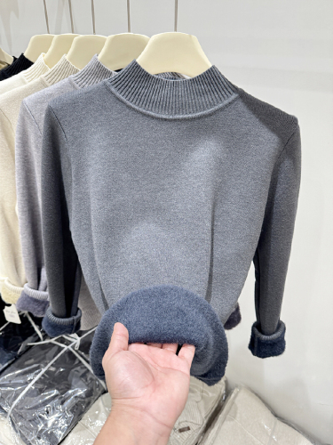 Women's 2025 Winter New Korean Style Semi-High Neck Fleece Sweater, Pure Color Warm and Versatile Short-Sleeve Knit Top