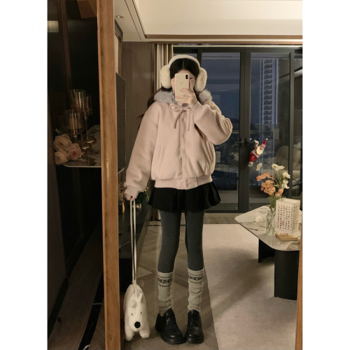 Korean-style butterfly bow cowl fleece cotton padded baseball jacket long plush wool short coat for women 2025 autumn and winter