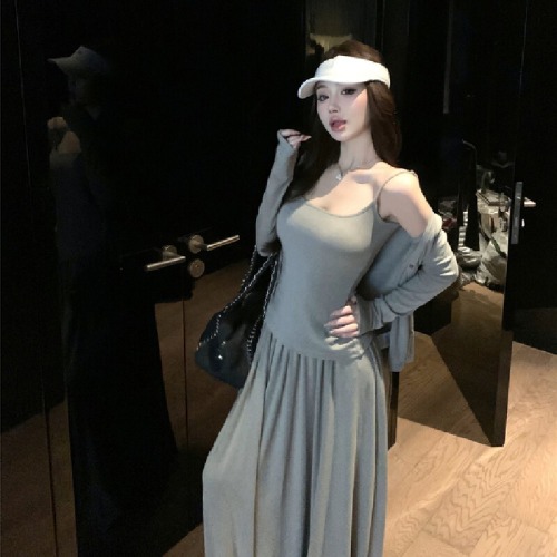 Live Shot! Complete OOTD Outfit Set Knit Cardigan with Irregular Hem Top, Camisole, and Long Half-Skirt