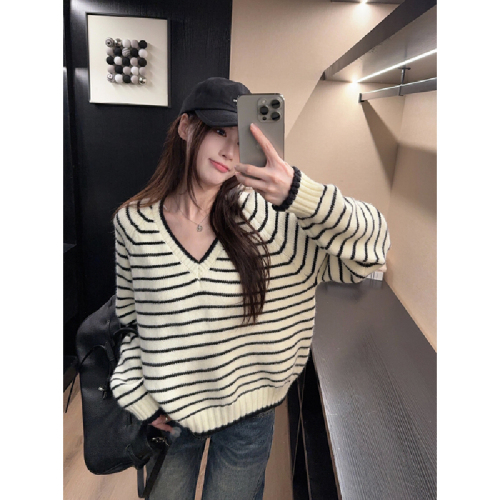 Photographed Autumn/Winter Korean Version Retro Striped Color Block Shoulder V-Neck Loose Hoodless Knit Sweater Women's Top