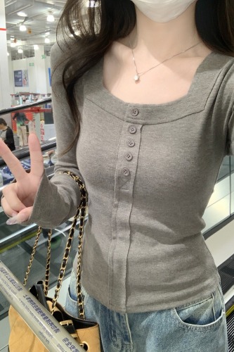 Real-shot Autumn/Winter Korean-style Alluring Slim-Fit Square-Neck Fishbone Pattern Cashmere Base T-Shirt Top