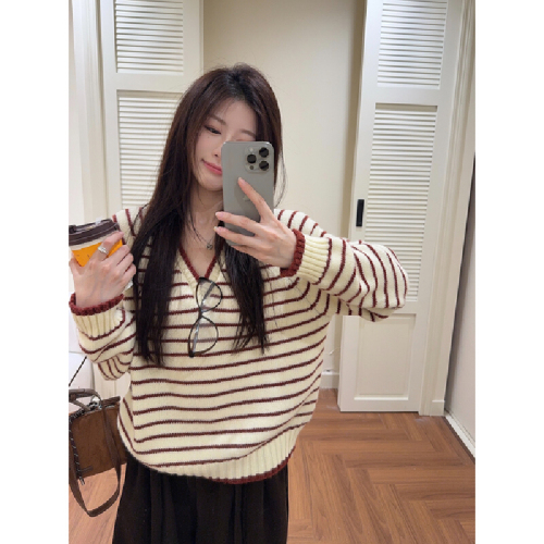 Photographed Autumn/Winter Korean Version Retro Striped Color Block Shoulder V-Neck Loose Hoodless Knit Sweater Women's Top