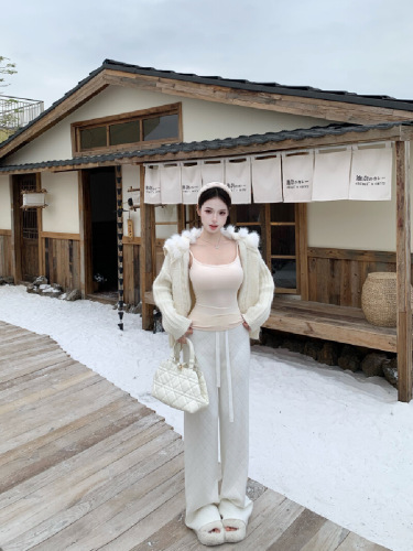 Actual Photos! Mao Mao Navy Knit Sweater Jacket Top Women Fleece Shorts Loose Casual Long Pants Set Trendy