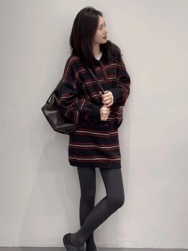 Stunning Deep Autumn Korean Style Outfit: A Complete Set Including Scandalous Fragrance Stripe Sweater and Skirt Two-Piece Set