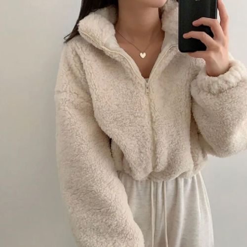 Chic Autumn/Winter New Arrival Elegant Stand Collar Zipper Plush Design Fashion Versatile Short Sleeve Cotton Jacket for Women from South Korea