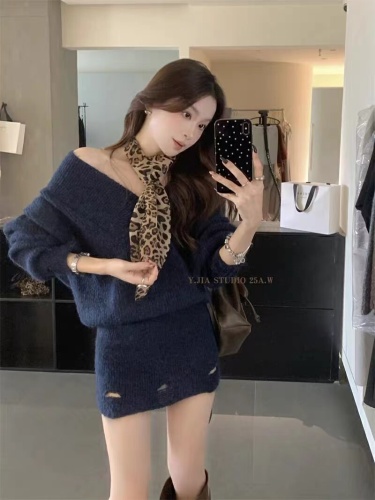 2025 Korean-style V-neck turtleneck autumn long-sleeve knit sweater leopard print tie-dye lazy style loose casual dress