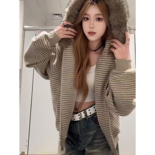 American Retro Striped Hooded Sweatshirt Outerwear for Women Autumn/Winter Loose Plush Collar Jacket Zipper Top Ins