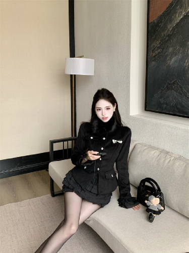 Actual Photos! Light Luxury Set Korean Style Elegant Lady Coat Little Black Dress Two-Piece Set