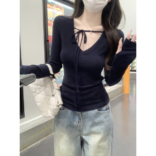 Photographed Autumn/Winter Korean Version Pure Desire Strappy V-Neck Elegant Tailored Cashmere Knit Long-Sleeve T-Shirt Base Top