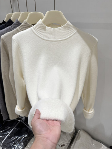 Women's 2025 Winter New Korean Style Semi-High Neck Fleece Sweater, Pure Color Warm and Versatile Short-Sleeve Knit Top