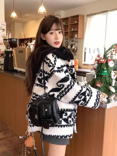 Korean-style relaxed vintage contrast-color hooded sweater coat—autumn/winter chic, stylish, and absolutely stunning hoodie cardigan YJ