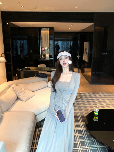 Live Shot! Complete OOTD Outfit Set Knit Cardigan with Irregular Hem Top, Camisole, and Long Half-Skirt