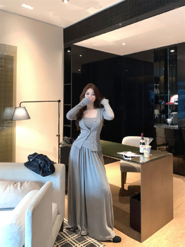 Live Shot! Complete OOTD Outfit Set Knit Cardigan with Irregular Hem Top, Camisole, and Long Half-Skirt