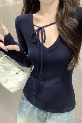 Photographed Autumn/Winter Korean Version Pure Desire Strappy V-Neck Elegant Tailored Cashmere Knit Long-Sleeve T-Shirt Base Top