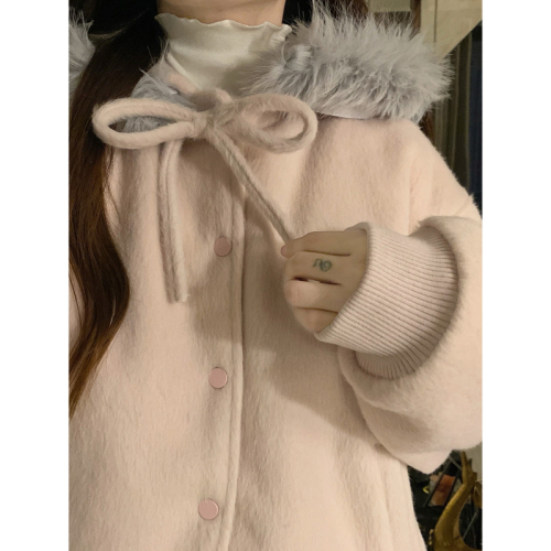 Korean-style butterfly bow cowl fleece cotton padded baseball jacket long plush wool short coat for women 2025 autumn and winter