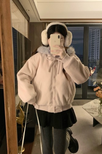 Korean-style butterfly bow cowl fleece cotton padded baseball jacket long plush wool short coat for women 2025 autumn and winter