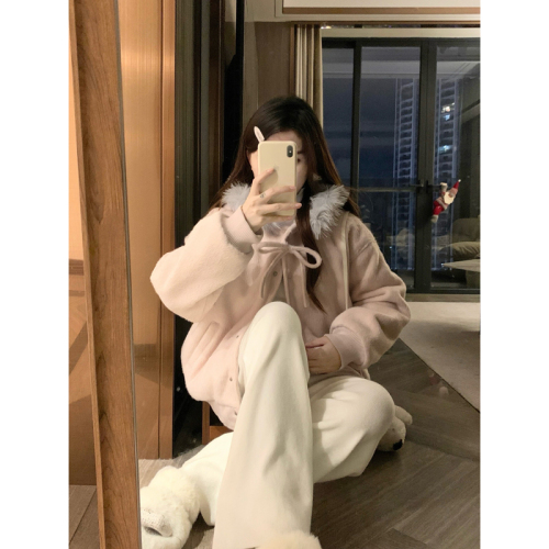 Korean-style butterfly bow cowl fleece cotton padded baseball jacket long plush wool short coat for women 2025 autumn and winter