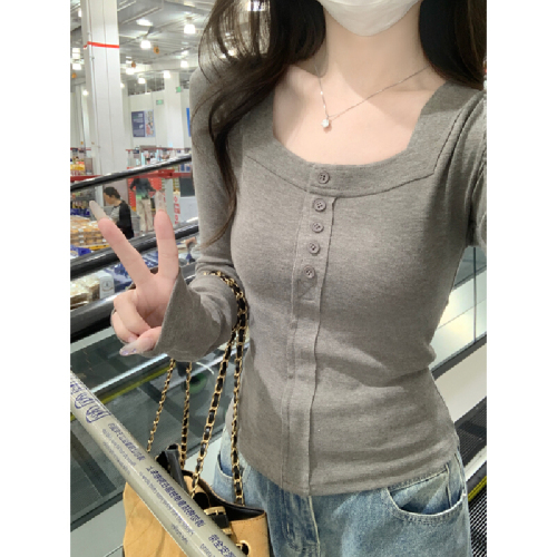 Real-shot Autumn/Winter Korean-style Alluring Slim-Fit Square-Neck Fishbone Pattern Cashmere Base T-Shirt Top