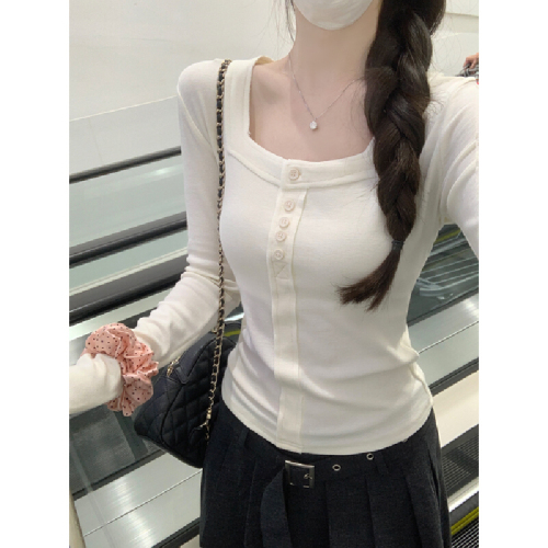 Real-shot Autumn/Winter Korean-style Alluring Slim-Fit Square-Neck Fishbone Pattern Cashmere Base T-Shirt Top