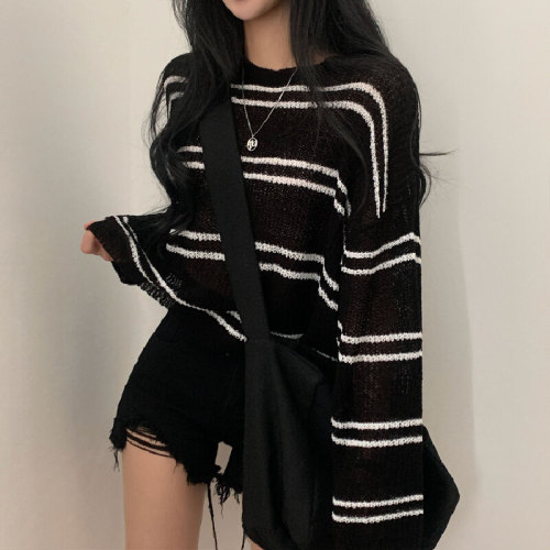 Korean Spring and Autumn Loose Ice Silk Long-Sleeve Knit Top Thin Striped Sun Protection Cover-up Sweatshirt T-Shirt Top for Women