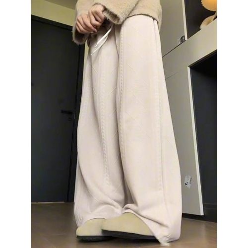 Khaki Fleece-Quilted Chenille Knit Wide-Leg Pants for Women | 2025 Autumn/Winter New Arrival High-Waisted, Drapey Casual Trousers Perfect for Petite Frames