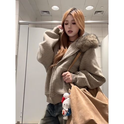 American Retro Striped Hooded Sweatshirt Outerwear for Women Autumn/Winter Loose Plush Collar Jacket Zipper Top Ins