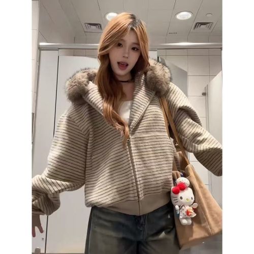 American Retro Striped Hooded Sweatshirt Outerwear for Women Autumn/Winter Loose Plush Collar Jacket Zipper Top Ins