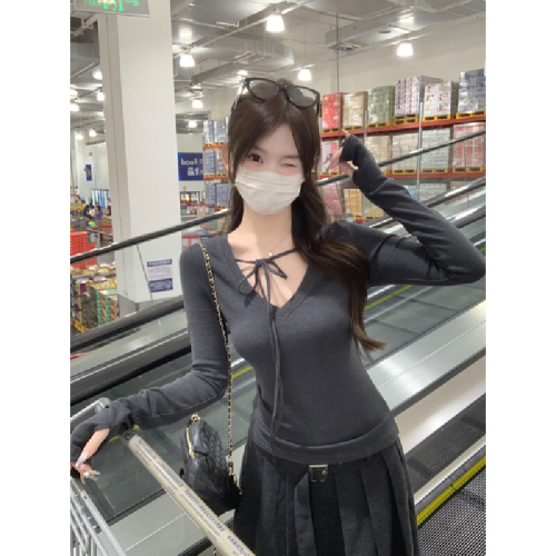 Photographed Autumn/Winter Korean Version Pure Desire Strappy V-Neck Elegant Tailored Cashmere Knit Long-Sleeve T-Shirt Base Top