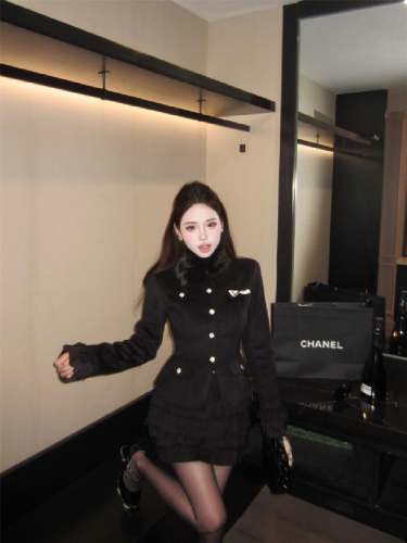 Actual Photos! Light Luxury Set Korean Style Elegant Lady Coat Little Black Dress Two-Piece Set