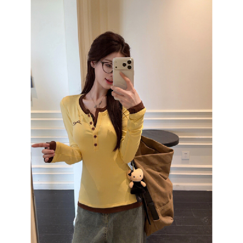 Photographed Autumn/Winter Korean-style temperament color-blocked button half-opening bow embroidery slimming long-sleeved T-shirt