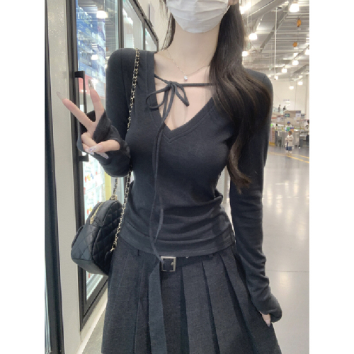 Photographed Autumn/Winter Korean Version Pure Desire Strappy V-Neck Elegant Tailored Cashmere Knit Long-Sleeve T-Shirt Base Top