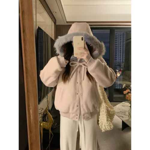 Korean-style butterfly bow cowl fleece cotton padded baseball jacket long plush wool short coat for women 2025 autumn and winter