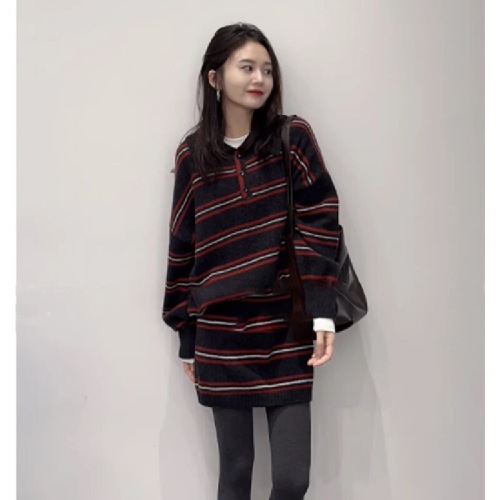 Stunning Deep Autumn Korean Style Outfit: A Complete Set Including Scandalous Fragrance Stripe Sweater and Skirt Two-Piece Set